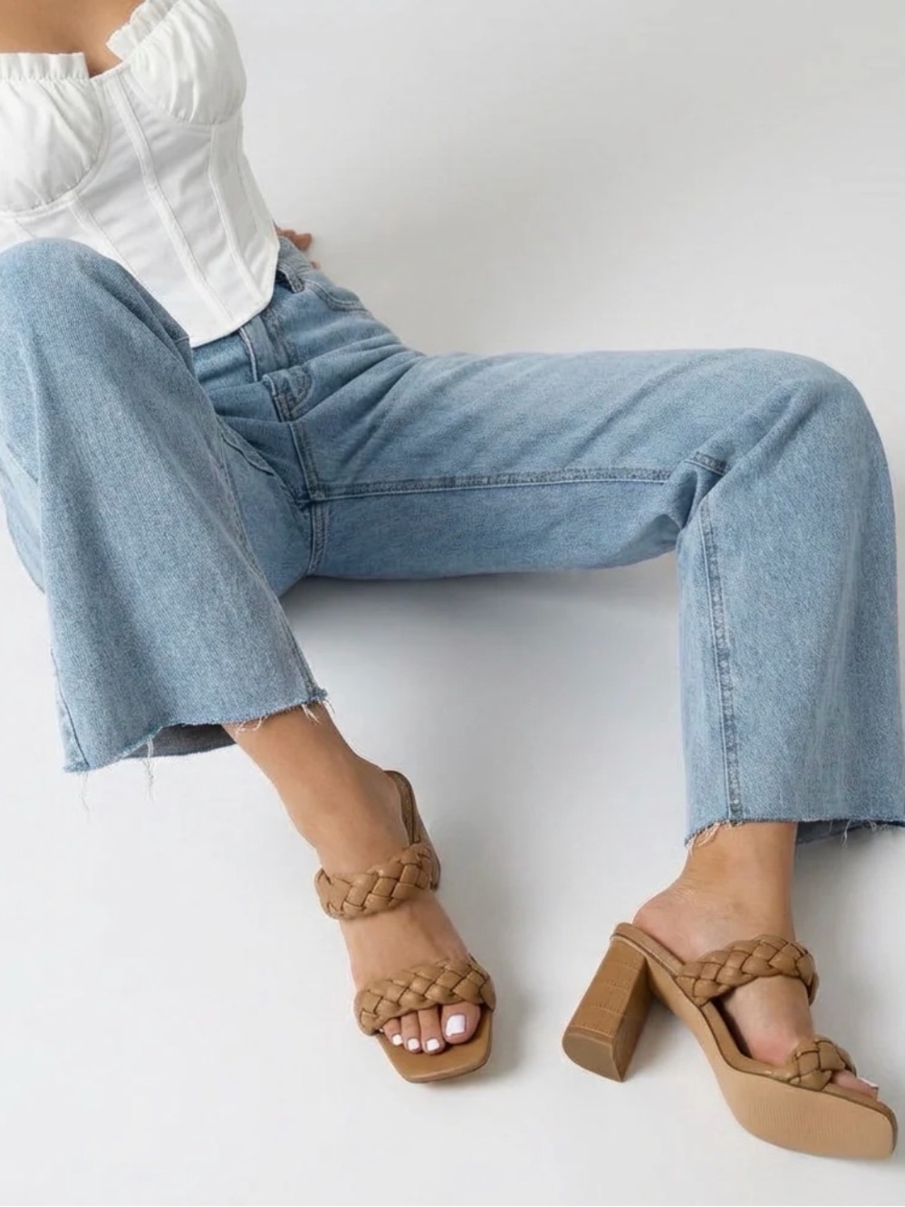 Braided Tan Block Heel Sandals - Women